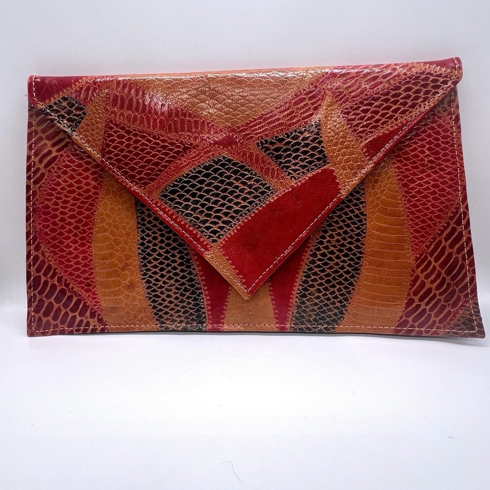 Vintage Brown Multicolor Leather Patchwork Clutch Purse Wristlet Handbag INDIA